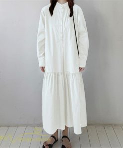 マキシ | シャツワンピース モックネック レディース 無地 長袖 切り替え Aラインワンピース 20代30代 フリーサイズ 春 ゆるワンピース コーデ 40代50代 秋 体型カバー