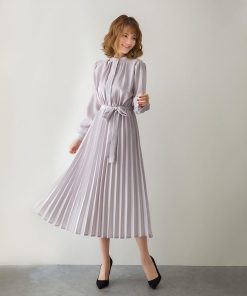 マキシ | ワンピースプリーツワンピース ロングフレアシフォンワンピース 二次会 ドレス 無地長袖リゾート ウエストリボン付き 通学通勤 エレガント M S L XL 可愛い