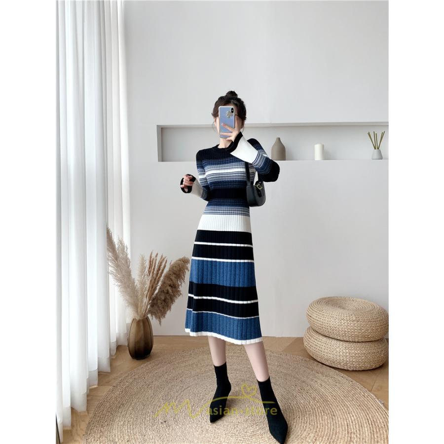 ニットワンピース | ワンピース レディース ニット ワンピース ニット チュニック ロング 長袖 着痩せ 秋冬 送料無料 ボーダー柄 2022新作 韓国風 秋冬コーデ 大人可愛い