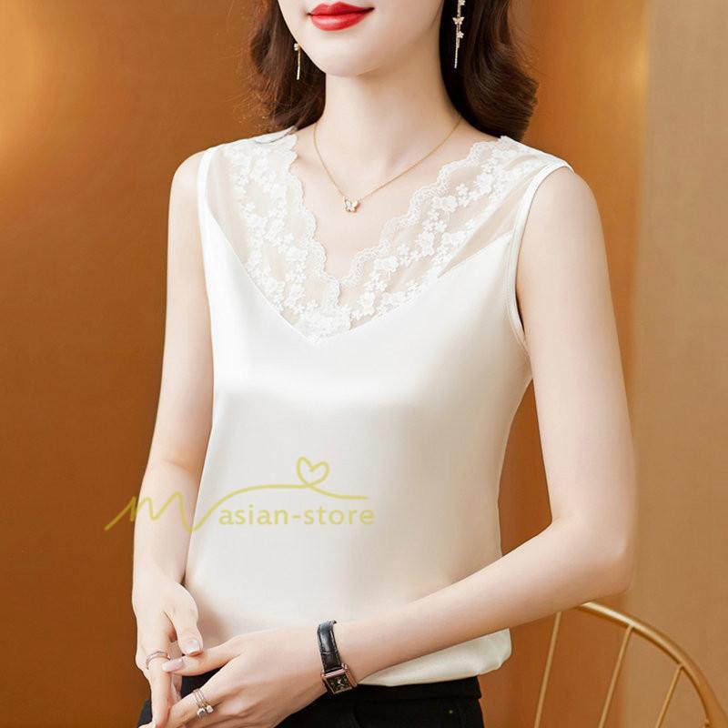 キャミソール タンクトップ | トップス タンクトップ レディース ノースリーブ Vネック Vネックタンク 20代30代40代50代 ママ 母 インナー カジュアル お出かけ カシュクール レース付き