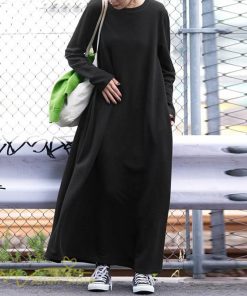 マキシ | ゆるワンピース 無地 マキシワンピース クルーネック カジュアル 長袖ワンピース ゆったり 体型カバー ワンピース フレア 秋コーデ 30代40代50代 大きいサイズ