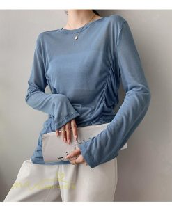 tシャツ・カットソー | Tシャツ Tシャツ レディース 無地 長袖 トップス カジュアルTシャツ おしゃれ クルーネック 秋服 夏秋 インナー 日常感 大きいサイズ 薄手 タック ゆったり 上品