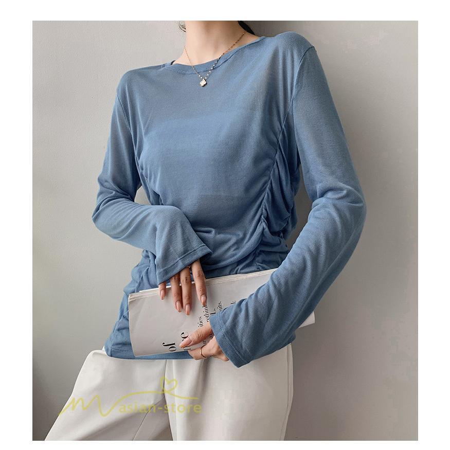 tシャツ・カットソー | Tシャツ Tシャツ レディース 無地 長袖 トップス カジュアルTシャツ おしゃれ クルーネック 秋服 夏秋 インナー 日常感 大きいサイズ 薄手 タック ゆったり 上品