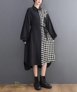 シャツワンピース | ワンピース 長袖 秋 新作 チェック柄 ゆったり 切り替え フリーサイズ ウエストリボン 体型カバー シンプル 大人 バルーンスリーブ 前開き