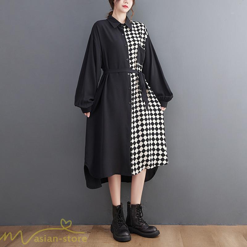 シャツワンピース | ワンピース 長袖 秋 新作 チェック柄 ゆったり 切り替え フリーサイズ ウエストリボン 体型カバー シンプル 大人 バルーンスリーブ 前開き