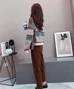 ニット・セーター | 幾何学柄カーディガン配色切替え韓国風