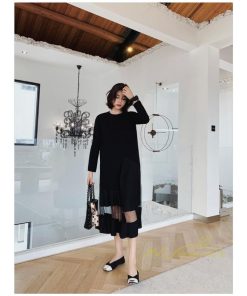 マキシ | 黒ワンピース 長袖ワンピース 秋物 レディース 切り替えワンピース ゆったり 大きいサイズ 裾チュール 30代40代 大人 20代50代 かわいい 通学通勤 ワンピース