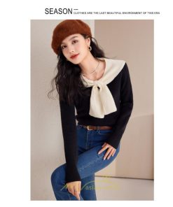 ニット・セーター | 長袖 ニット セーター Tシャツ レディース トップス 秋新作 ママ 人気 秋コーデ 激安 蝶結び 切り替え 2022新作 上品 可愛い オシャレ キレイめ 韓国風