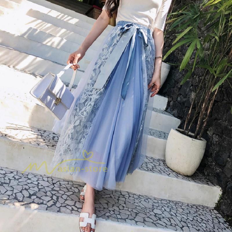 スカート | フレア チュールレディース ロングウエストゴム 春夏 リボン マキシ ドッキング 20代30代40代 着痩せ カジュアル お出かけ