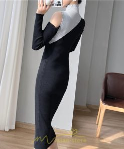 ニットワンピース | ワンピース 秋 秋服 レディース ニット ロングワンピース ロング 長袖 肩出し 秋冬 バイカラー 送料無料 セクシー お出かけ 暖か フェミニン デート