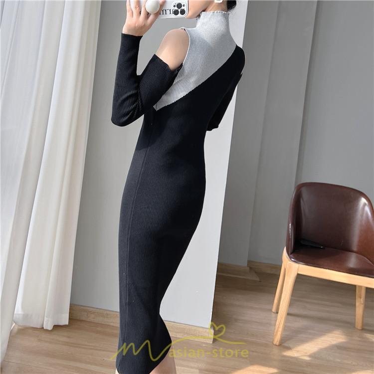 ニットワンピース | ワンピース 秋 秋服 レディース ニット ロングワンピース ロング 長袖 肩出し 秋冬 バイカラー 送料無料 セクシー お出かけ 暖か フェミニン デート