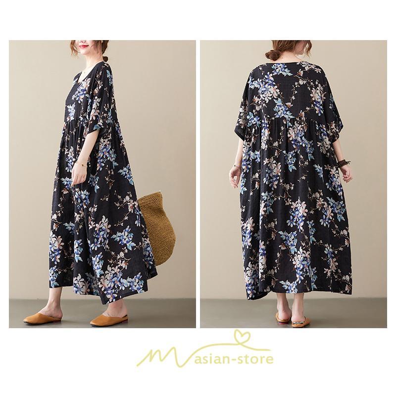 マキシ | マキシワンピース レディース リゾートワンピース 半袖 マキシワンピース ロングワンピース 春夏 黒 旅行用 着痩せ 丸首 体型カバー サイドポケット ぽっちゃり
