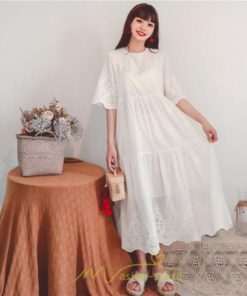 マキシ | ワンピース レース 丸首 刺繍 ロングワンピース レディース 夏秋 結婚式 きれいめ フォーマル 大人 上品 綿麻 白 黄色 コットン ピンク かわいい リネン