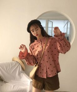シャツ・ブラウス | 長袖ブラウス レディースシャツ 春物 夏服 羽織り 前開き 可愛い ドット柄 フレア トップス 綿麻 女の子 20代30代