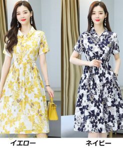 ミディアム | シャツワンピース レディース ワンピース 着痩せ 花柄 膝丈 ミディアムワンピース 上品 Aラインワンピース 春 夏新作 フリーサイズ サマーワンピース 通勤通学
