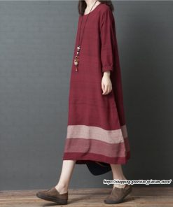 マキシ | リネンワンピース50代レディース綿麻風 長袖秋物 丸ネック 無地 Aラインワンピース ミモレ丈ワンピース サイドポケット ワンピース 30代40代 シンプル 大人