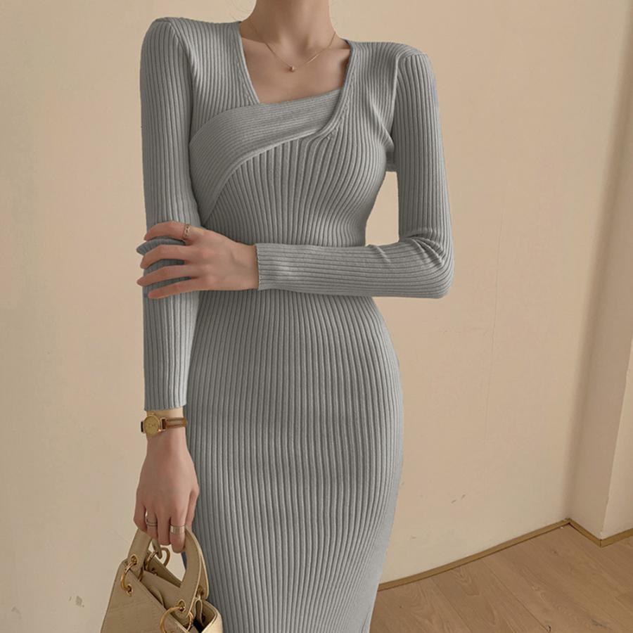 ワンピース | タイト ニットクロスネック
