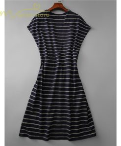 ミディアム | ワンピース レディース 夏服 綿ワンピース Aライン クルーネック 半袖 コットン おしゃれ キレイめ ウエストリボン付き 膝丈 ボーダー