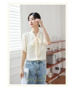 シャツ・ブラウス | ブラウス レディース おしゃれ きれいめ 半袖ブラウス カジュアル 無地 フォーマル オフィス オフホワイト 黒 シフォン OL 蝶結び 通勤 新作 お出かけ ビジネス