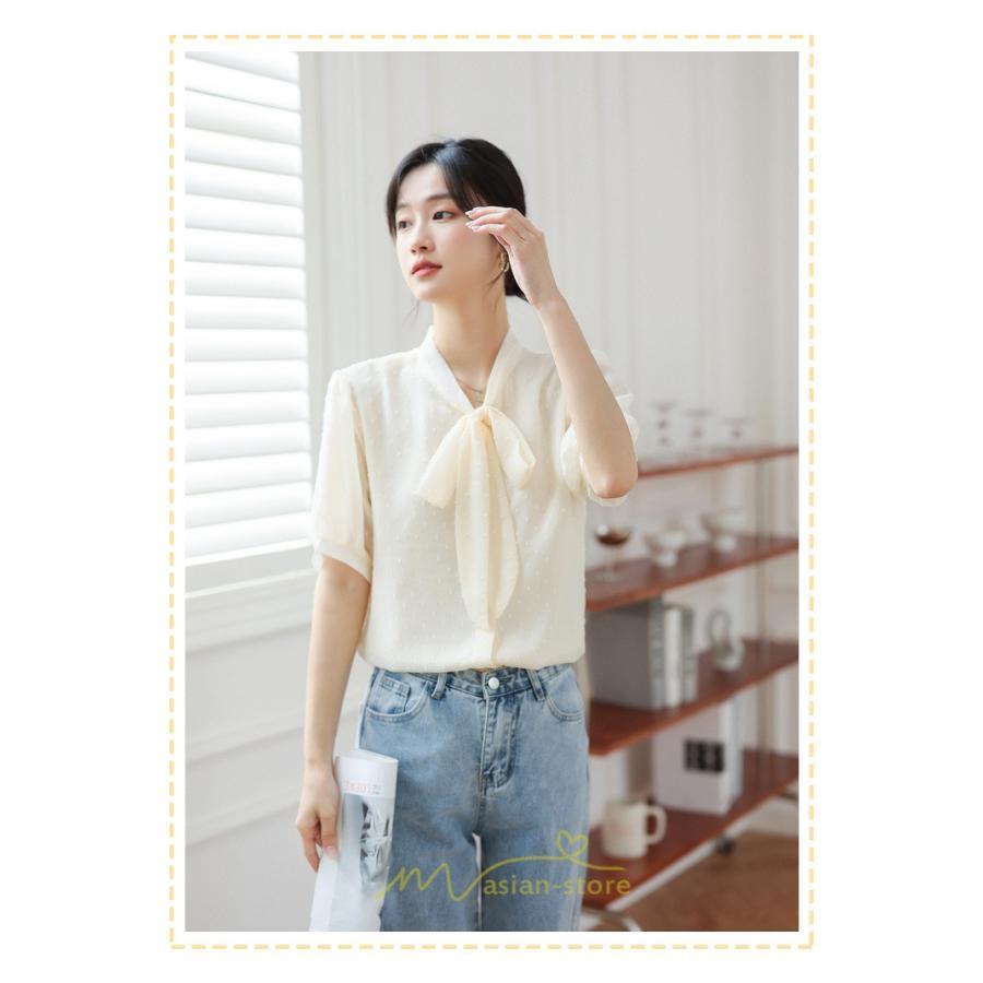 シャツ・ブラウス | ブラウス レディース おしゃれ きれいめ 半袖ブラウス カジュアル 無地 フォーマル オフィス オフホワイト 黒 シフォン OL 蝶結び 通勤 新作 お出かけ ビジネス