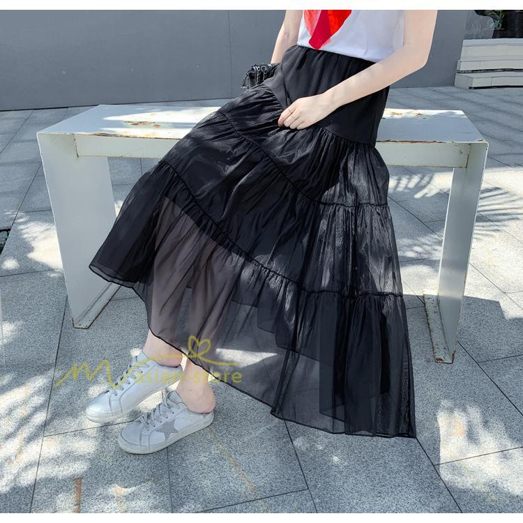 スカート | レディース チュール春夏 コーデ ウエストゴム ロングフレア着痩せ 通勤 カジュアル ドッキング プリーツ通学