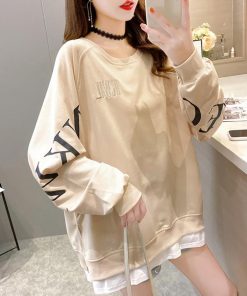 パーカ | カジュアル体型カバー レディース 韓国風 トップス ゆったり パーカートレーナー 長袖 スウェット チュニックロンT レイヤード風