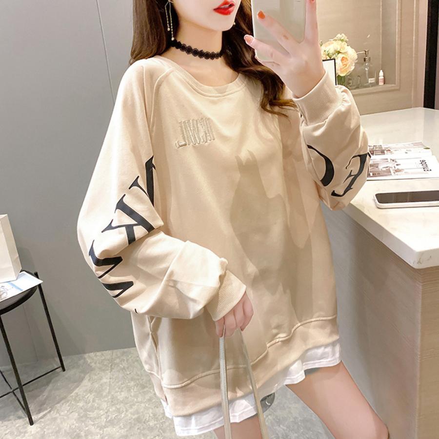 パーカ | カジュアル体型カバー レディース 韓国風 トップス ゆったり パーカートレーナー 長袖 スウェット チュニックロンT レイヤード風