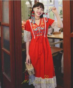 マキシ | ワンピース 七分袖 花と鳥 きれいめ ロング丈 レディース 夏 秋 レトロ 刺繍 レース Vネック エスニック風 リゾート　 イベント カジュアル お出かけ ボヘミアン