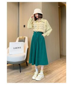 スカート | コーデュロイ台形秋冬 Aライン バッグゴム サイドポケット リブ 広い裾幅 通学通勤 オフィス ミモレ丈 可愛い ロング丈 低身長