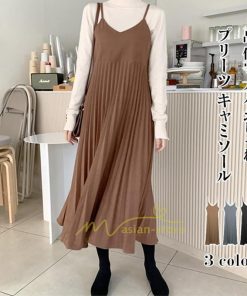 マキシ | プリーツワンピース キャミソールワンピ ロング丈 レディース 韓国ファッション 20代30代40代 春夏秋冬 着痩せ 着回し 2021作 通勤通学 カジュアル 上品