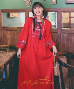 マキシ | ワンピース ロングワンピ パーティー お呼ばれ デート ゆったり 女子会 食事会 白 赤 黄色 青 Aライン 長袖 エスニック風 2022年夏秋新作 刺繍 Vネック 綿麻