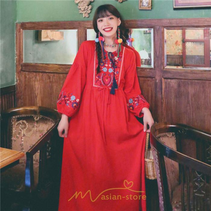 マキシ | ワンピース ロングワンピ パーティー お呼ばれ デート ゆったり 女子会 食事会 白 赤 黄色 青 Aライン 長袖 エスニック風 2022年夏秋新作 刺繍 Vネック 綿麻