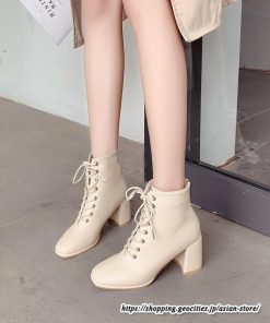 ショートブーツ | レディース 裏起毛なし 裏起毛あり スクエアトゥ ブーツ チャンキーヒール 太ヒール シューズ ハイヒール レースアップ 後ろファスナー 靴