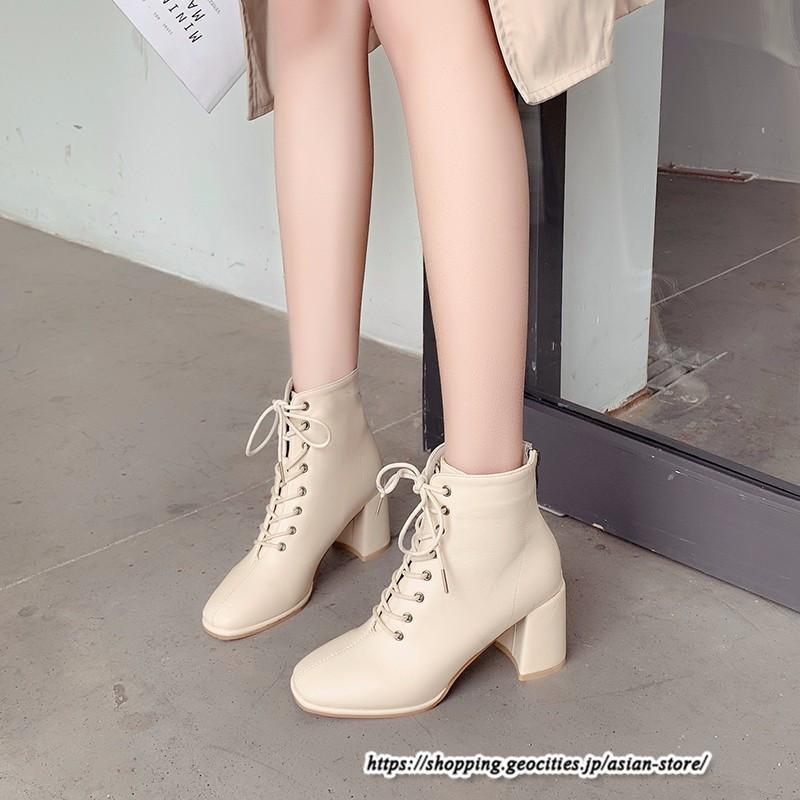 ショートブーツ | レディース 裏起毛なし 裏起毛あり スクエアトゥ ブーツ チャンキーヒール 太ヒール シューズ ハイヒール レースアップ 後ろファスナー 靴