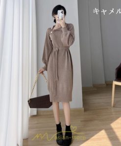ニットワンピース | シンプル 秋冬 ベーシック 無地 膝丈 ミディアム丈 着痩せ スリット お出かけ 旅行 デート 送料無料 20代30代40代50代 女子会