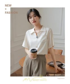 シャツ・ブラウス | ブラウス シャツ 夏 半袖 レディース 白 緑 無地 Vネック 開襟 胸ポケット 通気性 シンプル フランス風 女性 オフィス エレガント 上品 着痩せ 通勤 華奢見え OL