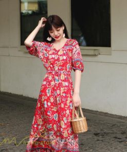 マキシ | ロングワンピース 五分袖 夏ワンピース 秋新作 Aラインワンピース マキシワンピース 花柄 プリント 旅行 ダンス ワンピース 30代40代 舞台 可愛い リボン