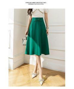 スカート | 無地 膝下 ひざ下 黒 緑 ベージュ ハイウエスト レディース Aライン 着痩せ 脚長効果 通勤 就活 日常 上品 OL エレガント オフィス ビジネス