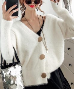 ニット・セーター | 韓国風 ニットトップス セーター 長袖 シャギーニットカーディガン レディース ふわふわ 秋冬 モヘアニット 羽織り 無地