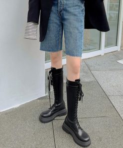 ニーハイブーツ | 厚底 ロングブーツ レースアップ 韓国風