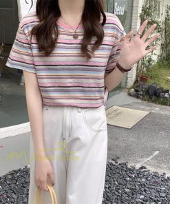 ｔシャツ・カットソー | Tシャツ レディース 40代 春夏 オシャレブラウス 韓国風 チュニック 半袖Tシャツ ストライプ柄 通勤通学 カジュアル アウター ゆったり 着痩せ お出かけ 丸首