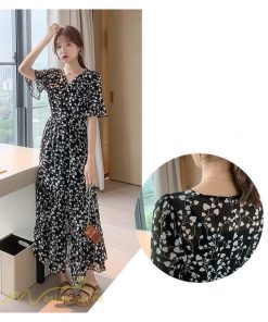マキシ | ワンピース レディース マキシワンピース 小花柄 Vネック 半袖 5分袖 サマーワンピース シフォン Aラインワンピース 春 エレガント 夏 ウエストゴム ロング丈