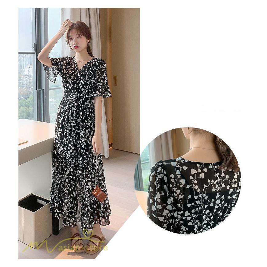 マキシ | ワンピース レディース マキシワンピース 小花柄 Vネック 半袖 5分袖 サマーワンピース シフォン Aラインワンピース 春 エレガント 夏 ウエストゴム ロング丈
