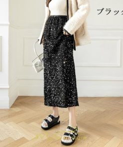 スカート | ロング マキシ フレアAライン ロングキラキラ 個性的 ハイウエスト スリット 着痩せ あったか 2022新作 体型カバー 冬 秋