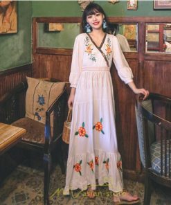 マキシ | ワンピース レディース 長袖 きれいめ ロング丈 マキシ丈 大人 リラックス 花柄 Aライン 着痩せ ハイウエスト リゾート 旅行 Vネック 体型カバー フェミニン