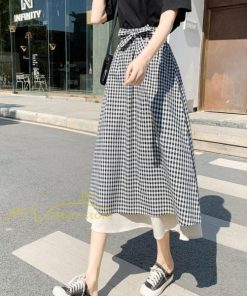 スカート | フレアロングレデイース リネンウエストゴム 綿麻混 マキシマキシ リゾート チェック柄 体型カバー