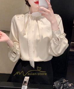 シャツ・ブラウス | ブラウス リボン リボンタイ バルーン袖 バルーンスリーブ シャツ 無地 長袖シャツ ファッション カジュアル エレガント 細身 OL オシャレ 通勤 新作 優雅 上品
