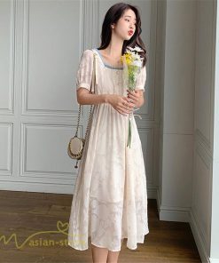 ミディアム | ワンピース レディース 着痩せ スクエアネック 上品 可愛い 半袖 ハイウエスト 透け感 Aラインワンピース 韓国風 20代 お出かけ 通勤通学 30代 きれいめ 40代