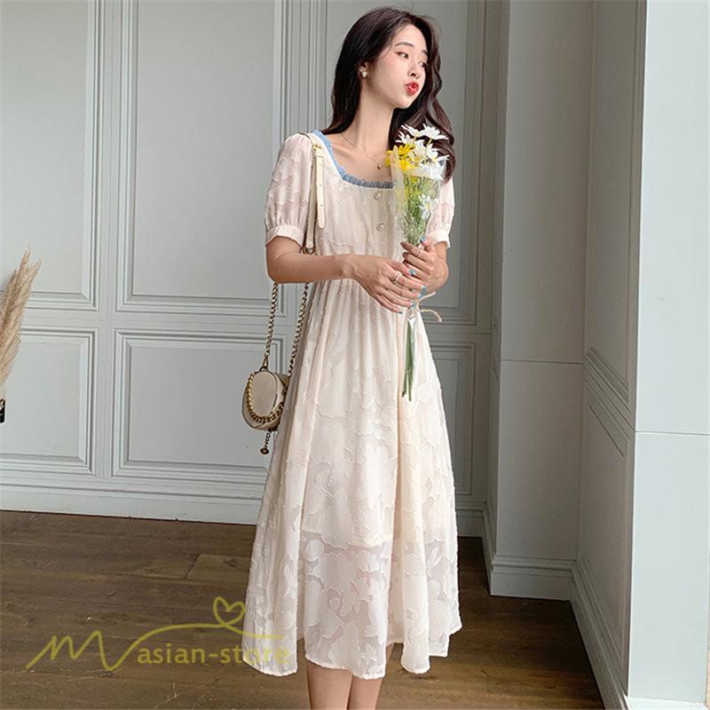 ミディアム | ワンピース レディース 着痩せ スクエアネック 上品 可愛い 半袖 ハイウエスト 透け感 Aラインワンピース 韓国風 20代 お出かけ 通勤通学 30代 きれいめ 40代