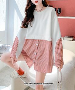 パーカー | 重ね着風トレーナー レディース 長袖 トップス カジュアル スウェット ストライプ柄 ゆったり トレーナー トップス きれいめ レイヤード風 可愛い 切り替え